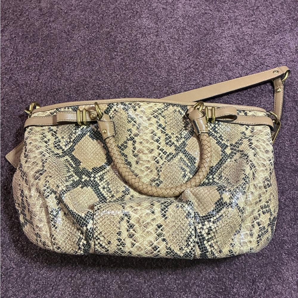 Coach Snake Print Leather Beige & Brown  Shoulder Bag w Detachable Strap - Picture 3 of 8